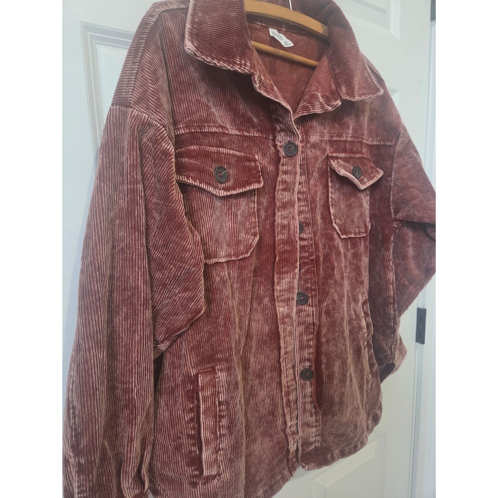 Zenana Womens Mineral Wash Corduroy Shacket Burgundy Mauve Oversized Medium - Picture 2 of 7